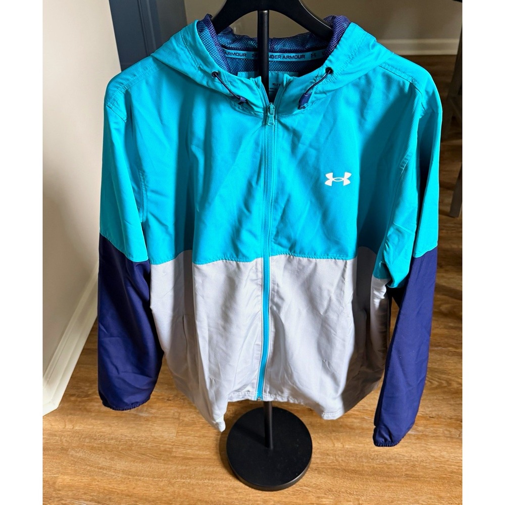 Under Armour Mens Hooded Full Zip Colorblock Windbreaker Blue White 1385082 XL